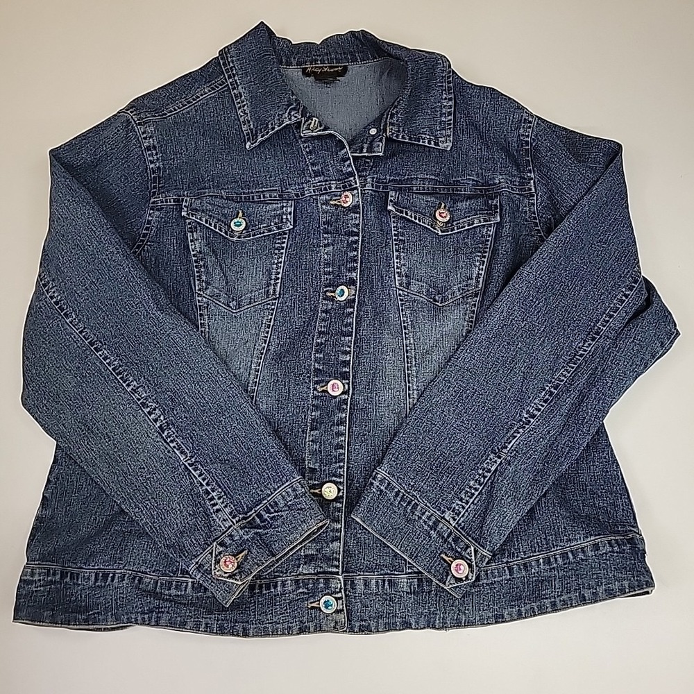 Ashley Stewart Denim Jacket Womens 18 Blue Dark Wash Preppy Rhinestone‎ Buttons